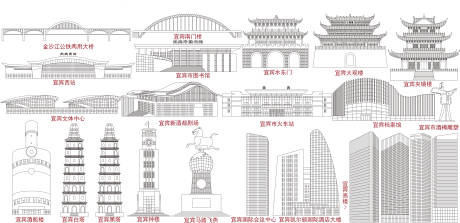 四川宜宾地标建筑线描