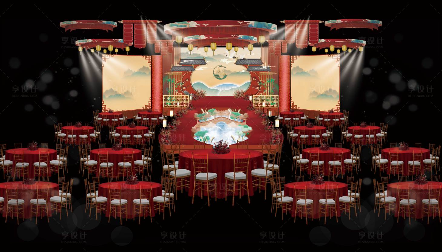 源文件下载【享设计】搜索编号：87970029815905285【新中式红色婚礼现场室内舞台效果图】
