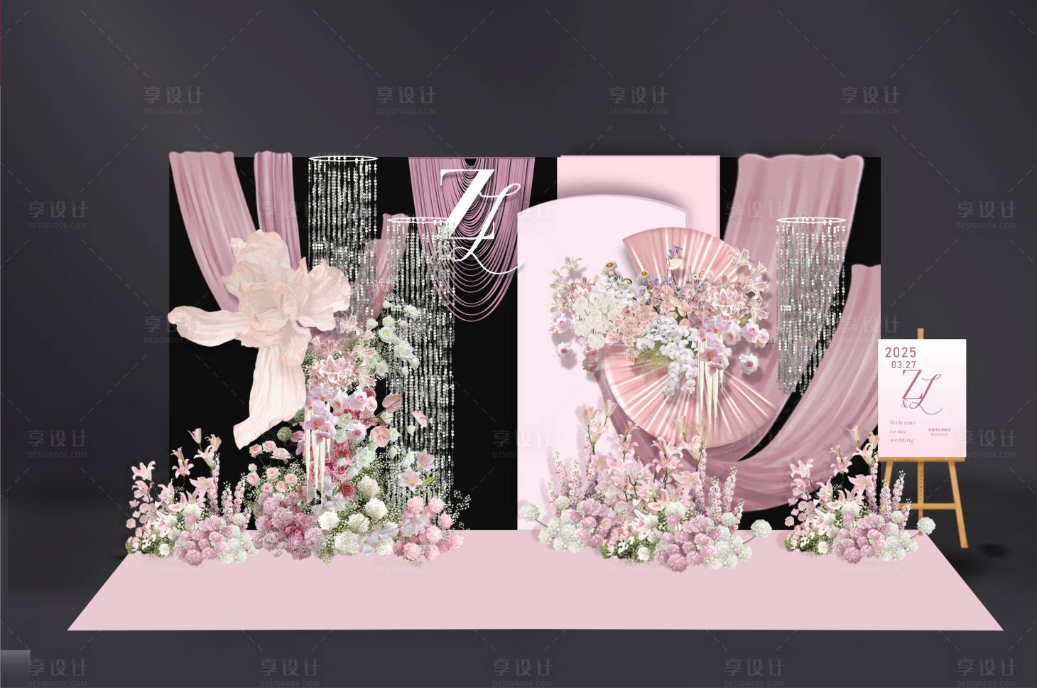 源文件下載【享設計】搜索編號：41560029404725091【黑粉色婚禮留影區背景婚禮布置】