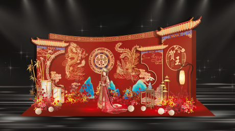 中式红色弧形龙凤假山迎宾区效果图