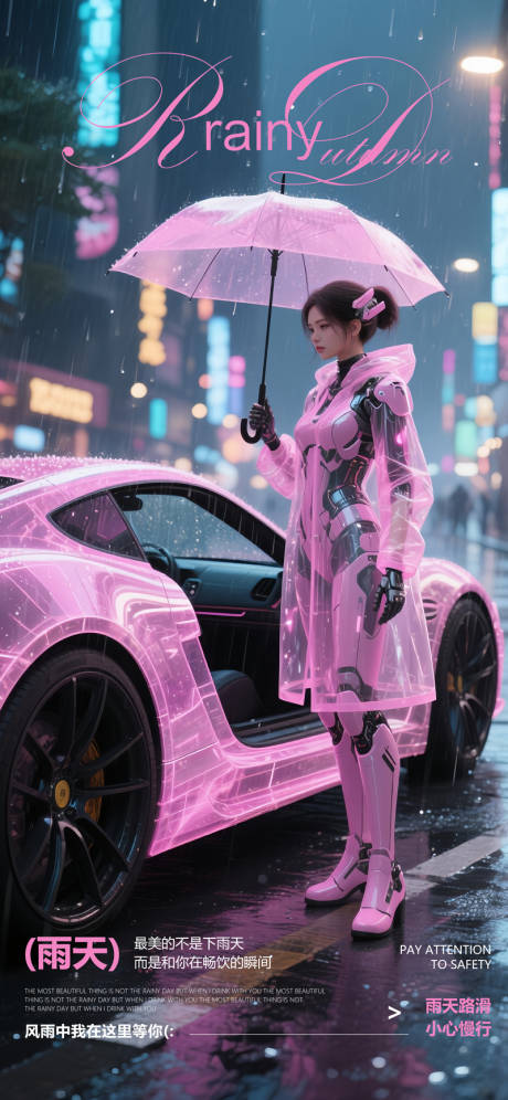 酒吧夜店温馨提示雨天粉色机甲美女汽车