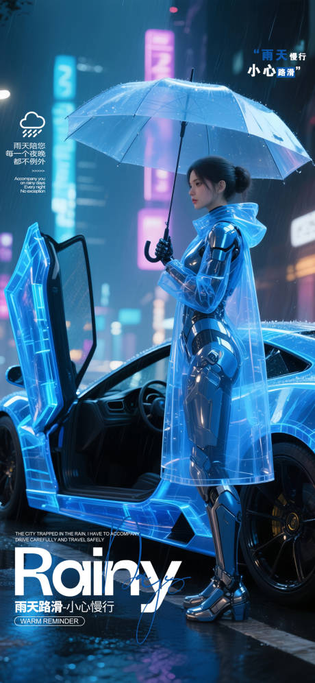 酒吧夜店温馨提示雨天蓝色机甲美女汽车