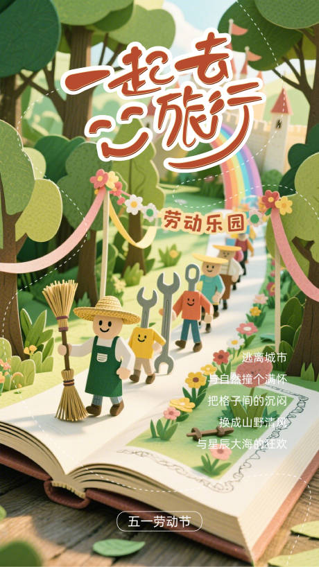 五一劳动节旅游创意插画海报