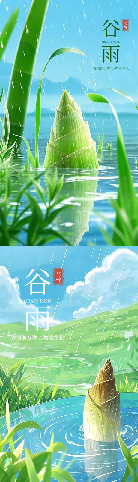 源文件下载【谷雨雨水节气海报春笋手绘卡通】编号：32550030008548377