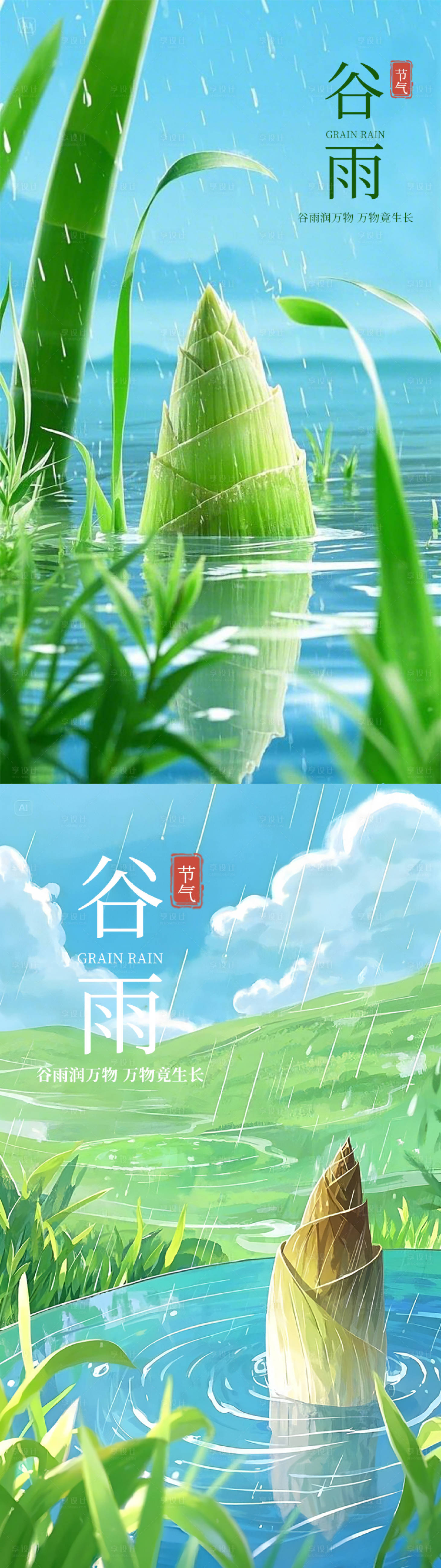 源文件下載【享設計】搜索編號：32550030008548377【谷雨雨水節氣海報春筍手繪卡通】