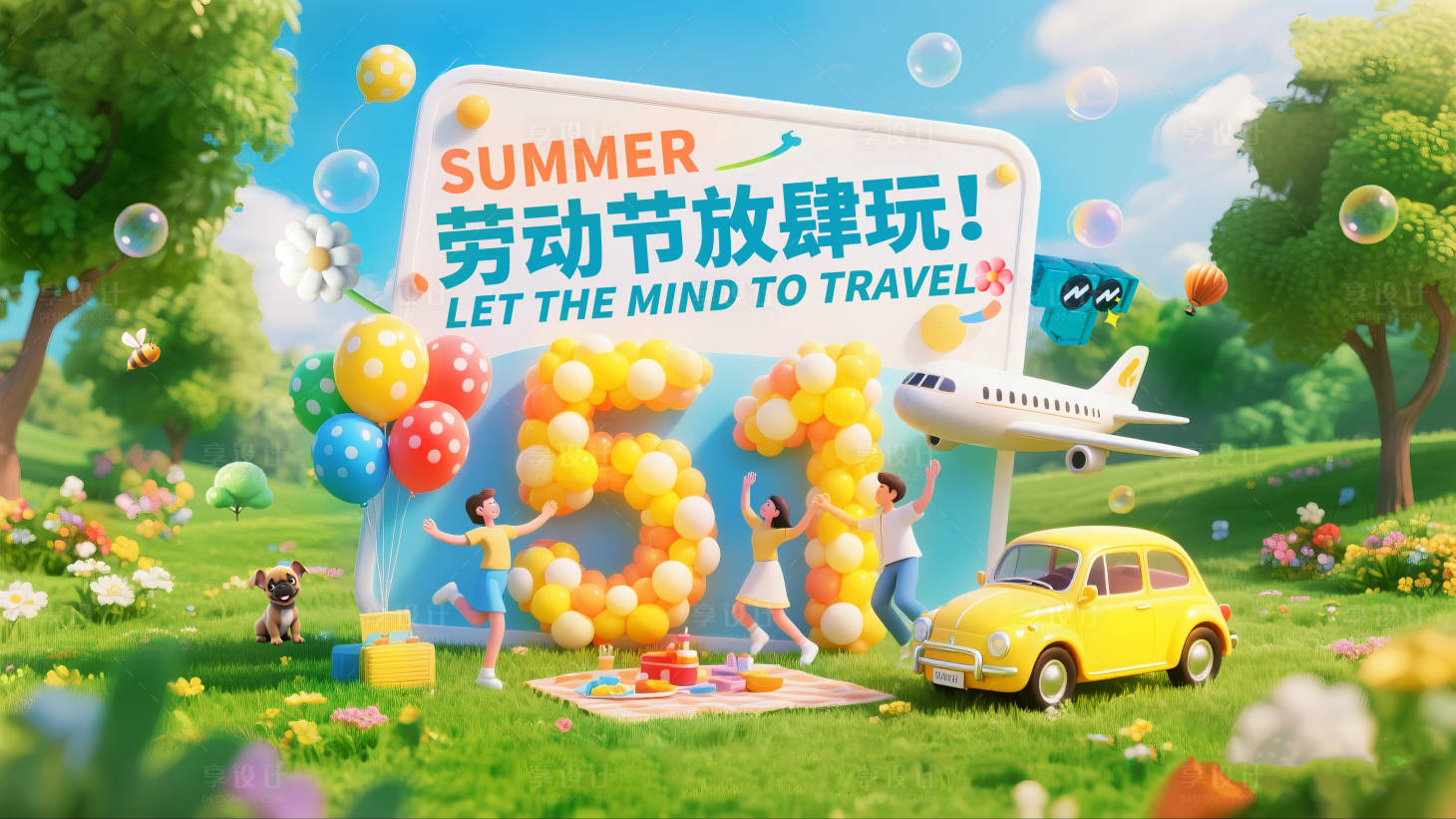 源文件下载【享设计】搜索编号：56660030201123452【五一劳动节c4d出游展板】