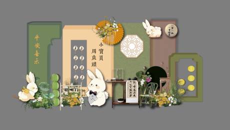 源文件下载【森系绿色新中式卡通周岁宴满月宴美陈】编号：80510030300057258