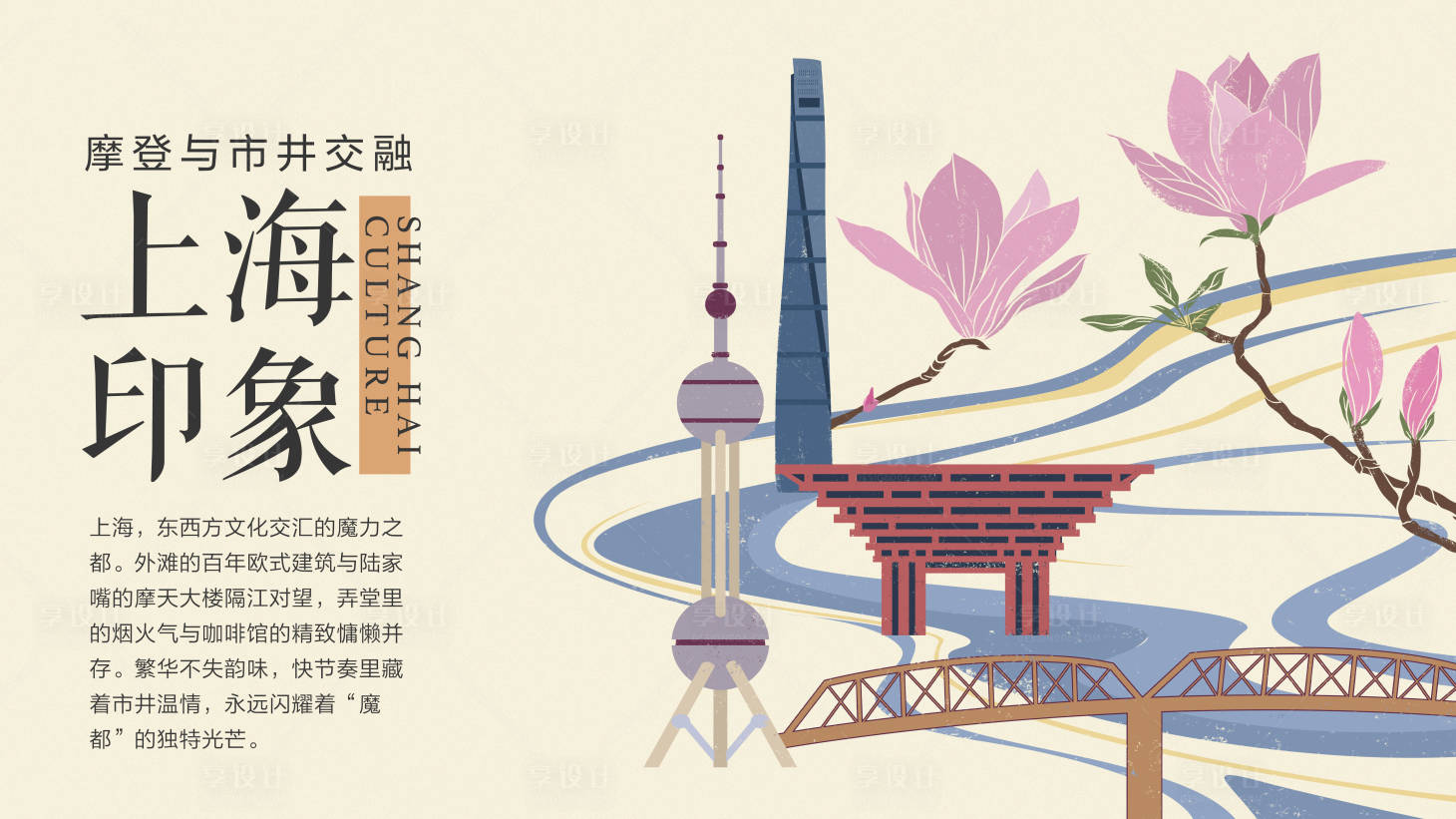 源文件下载【享设计】搜索编号：26540031063667503【上海印象手绘插画活动展板】