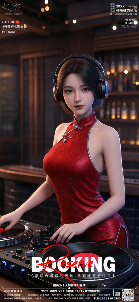 酒吧KTV预定转场旗袍美女打碟海报