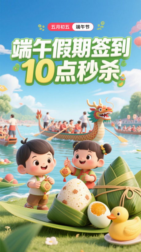 源文件下载【端午假期签到秒杀3D卡通海报】编号：54560030821079984