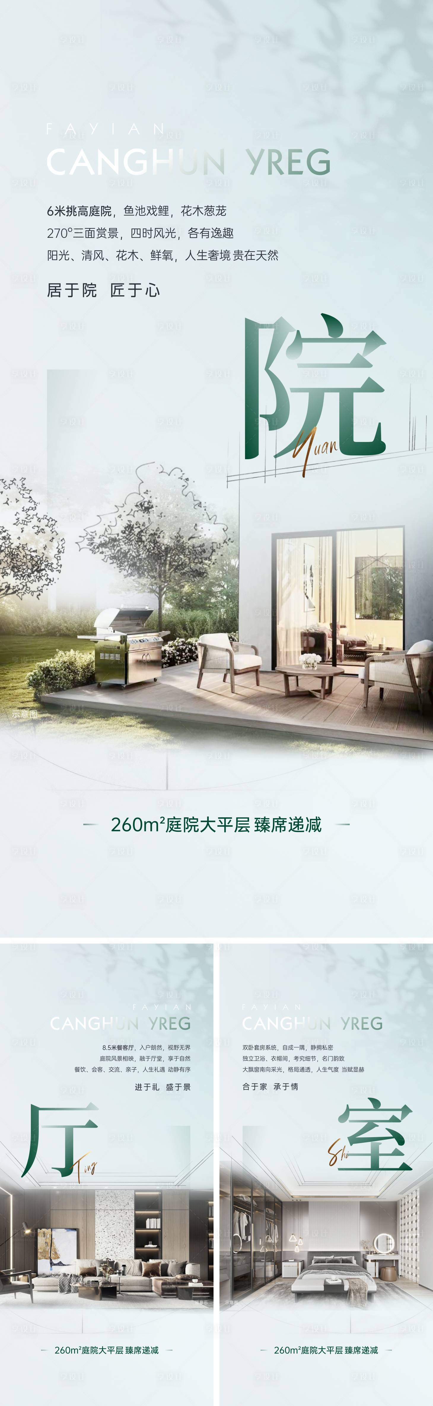 源文件下载【享设计】搜索编号：87700030932722964【庭院大平层价值点单图海报】