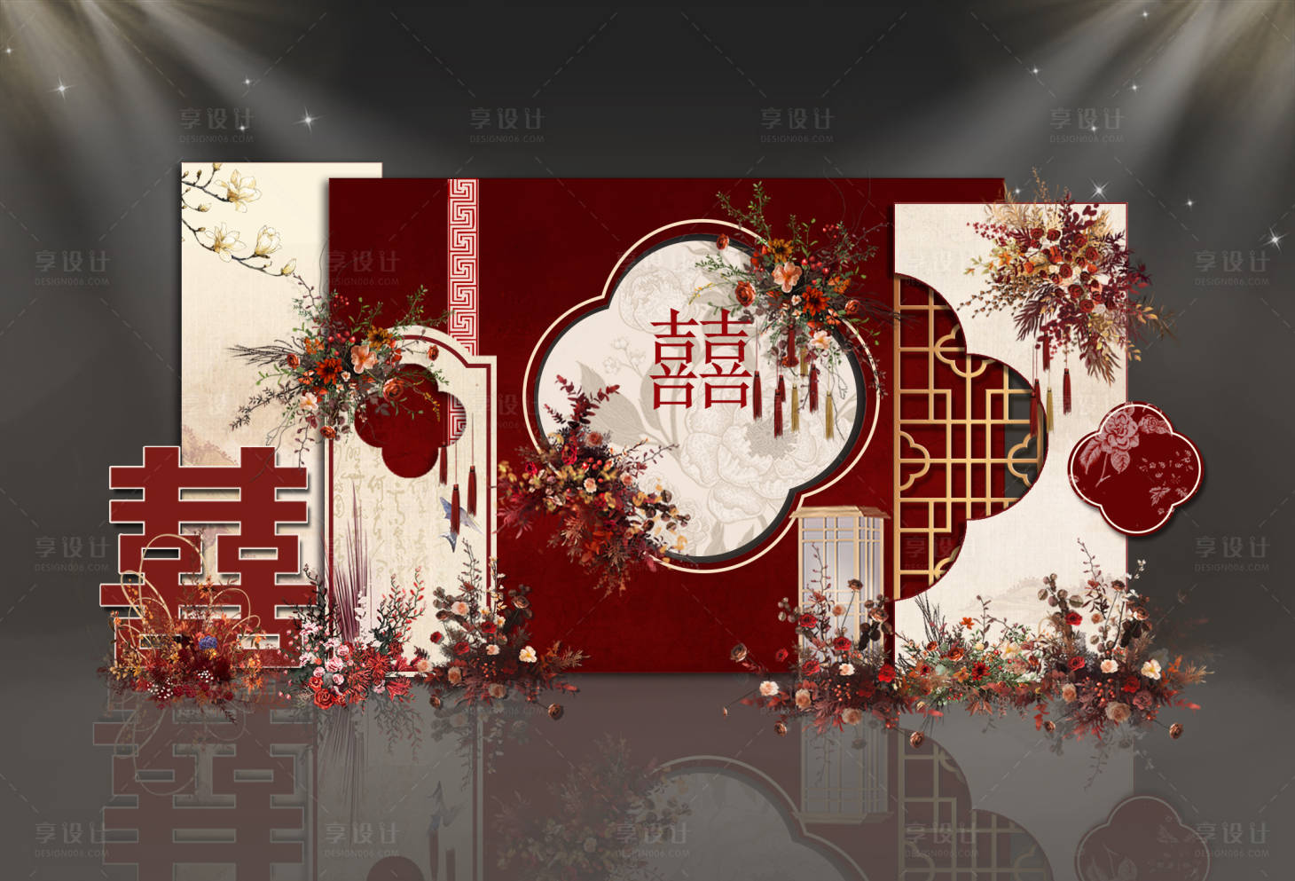 源文件下载【享设计】搜索编号：51080031061884026【中国风红色订婚喜宴场景布置美陈】