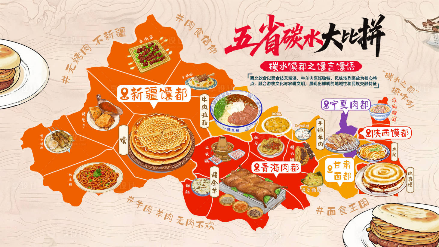 源文件下载【享设计】搜索编号：63430031667799727【西北美食地图海报】