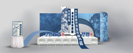 蓝色版画艺术美陈互动区