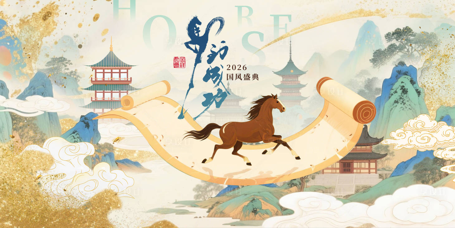源文件下载【享设计】搜索编号：42780031533114926【国风卷轴山水马年背景】