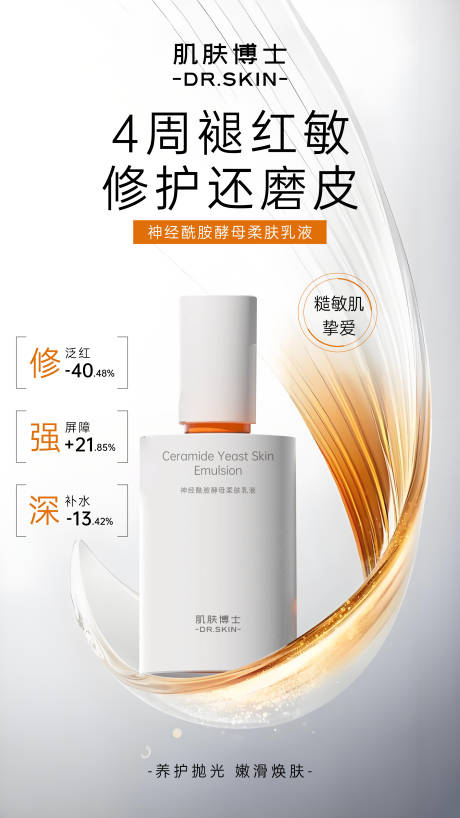 源文件下載【神經(jīng)酰胺酵母柔膚乳液護(hù)膚品產(chǎn)品海報(bào)】編號：36980031582944364