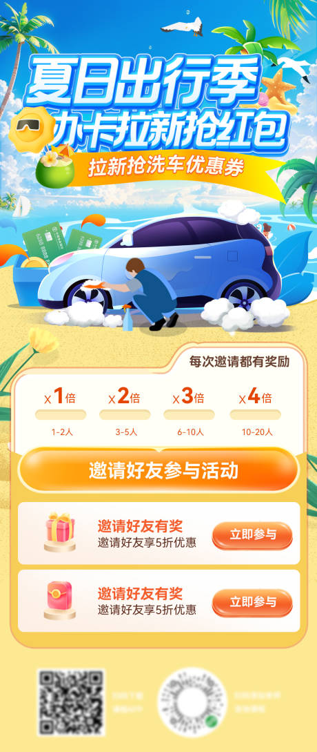 夏日洗车办卡出行季补贴红包福利海报
