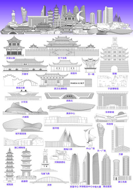 源文件下載【享設計】搜索編號：80390031694064432【寧波地標性建筑矢量線稿】