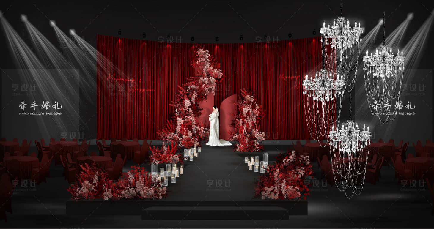 源文件下載【享設計】搜索編號：58980032050402592【紅色布幔簡約婚禮舞臺布置】