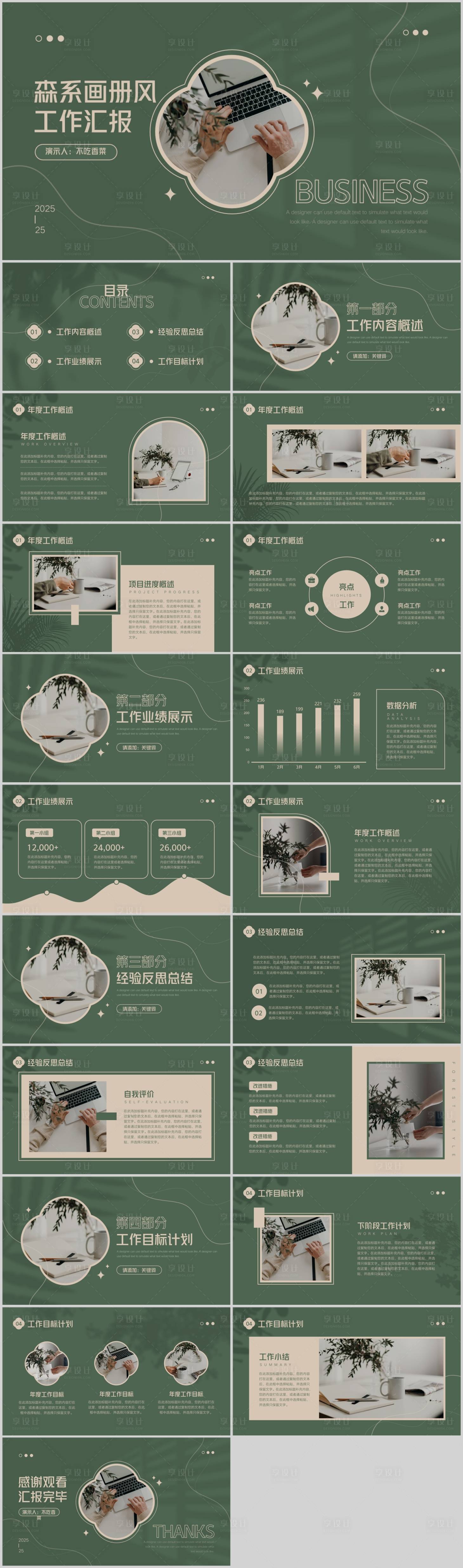 源文件下载【享设计】搜索编号：41400031740881202【森系文艺画册风工作汇报PPT模板】