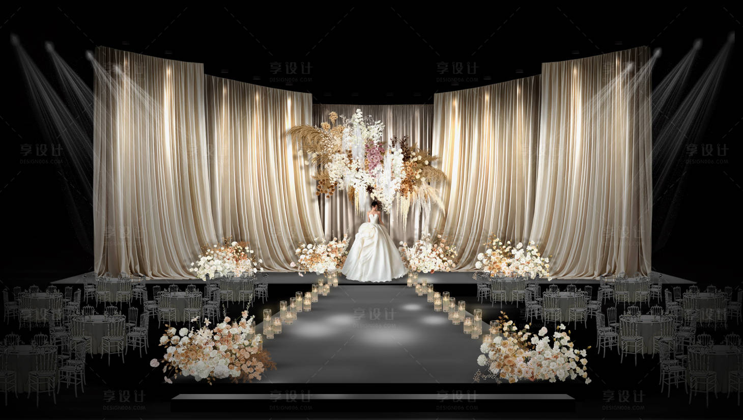 源文件下载【享设计】搜索编号：86600032150301757【浅卡其色布幔婚礼舞台布置堆头美陈】