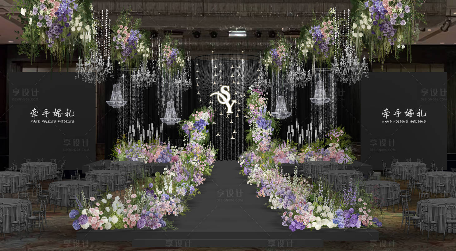 源文件下載【享設(shè)計(jì)】搜索編號(hào)：76720032155056573【紫色花藝韓式水晶婚禮舞臺(tái)布置】