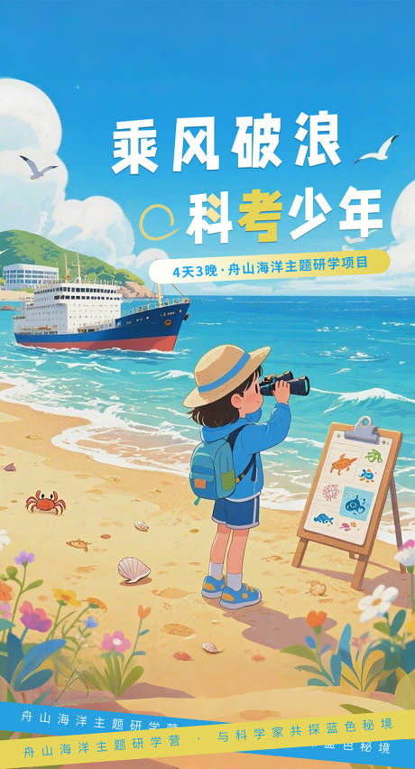 源文件下载【享设计】搜索编号：62380032121039604【乘风破浪科考少年舟山研学海报】