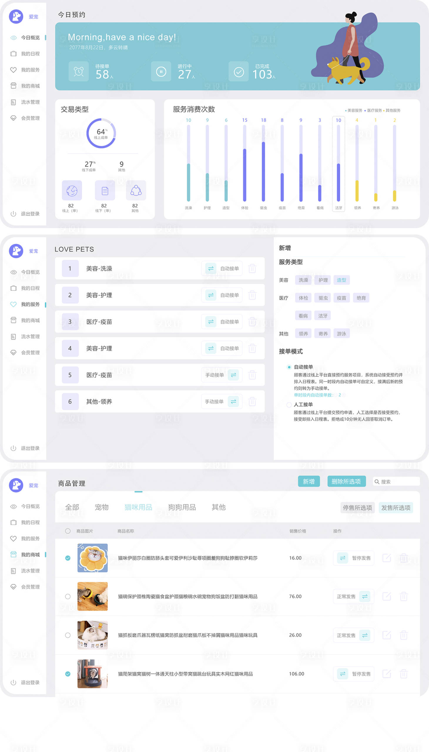 源文件下載【享設計】搜索編號：33720031973549126【愛寵動物護理后臺管理系統UI設計】