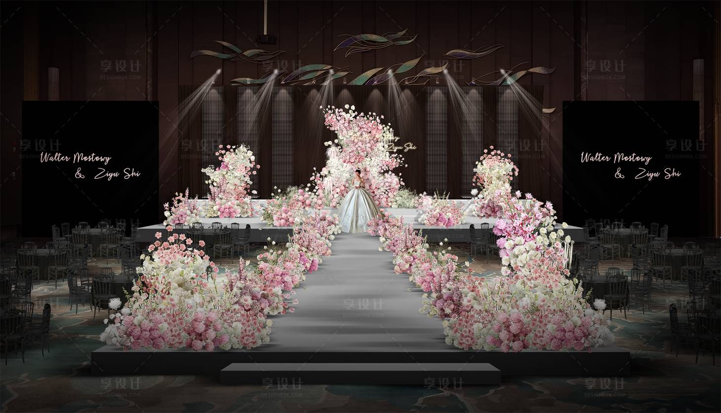 源文件下载【粉白色花艺韩式水晶婚礼舞台布置】编号：64810032153087375