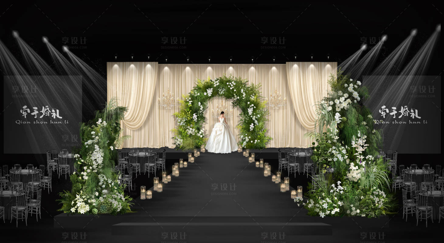 源文件下载【享设计】搜索编号：24490032149464168【香槟奶白色布幔婚礼舞台布置】