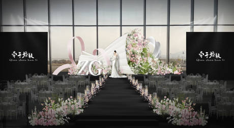 白粉绿色花艺巨型花束婚礼舞台布置