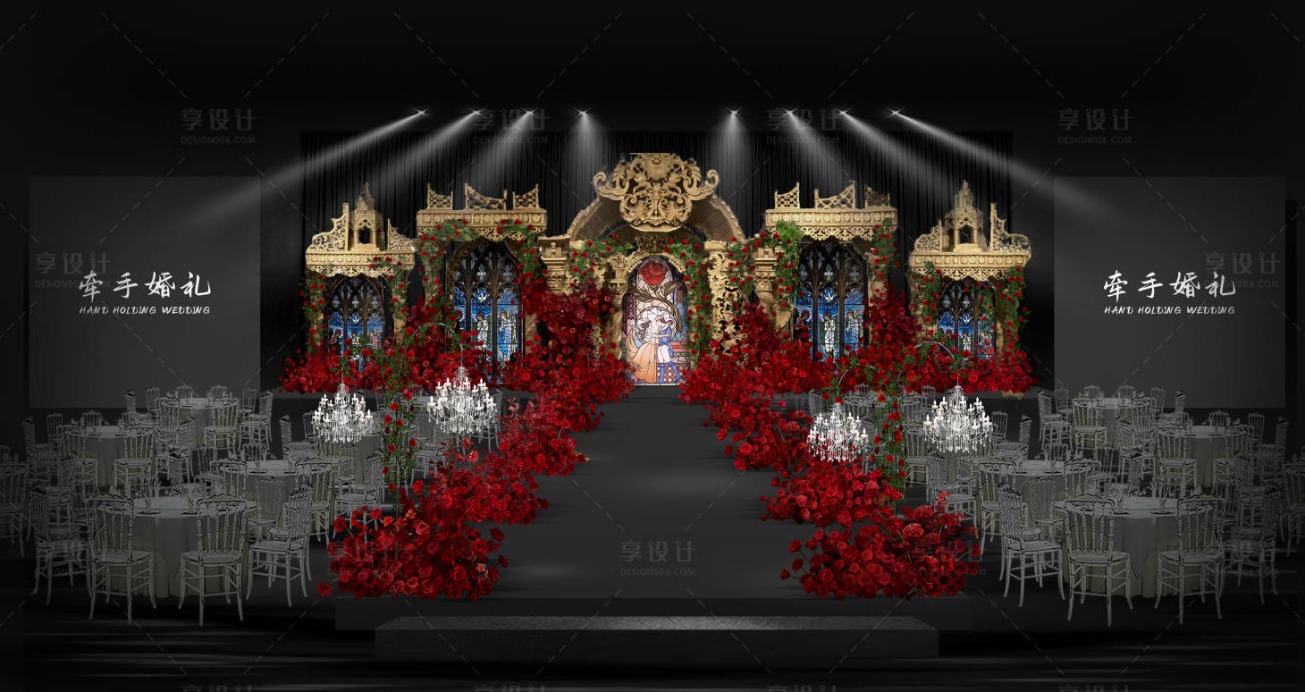 源文件下載【享設(shè)計(jì)】搜索編號(hào)：97170032050747265【紅金色歐式泡雕婚禮舞臺(tái)布置】