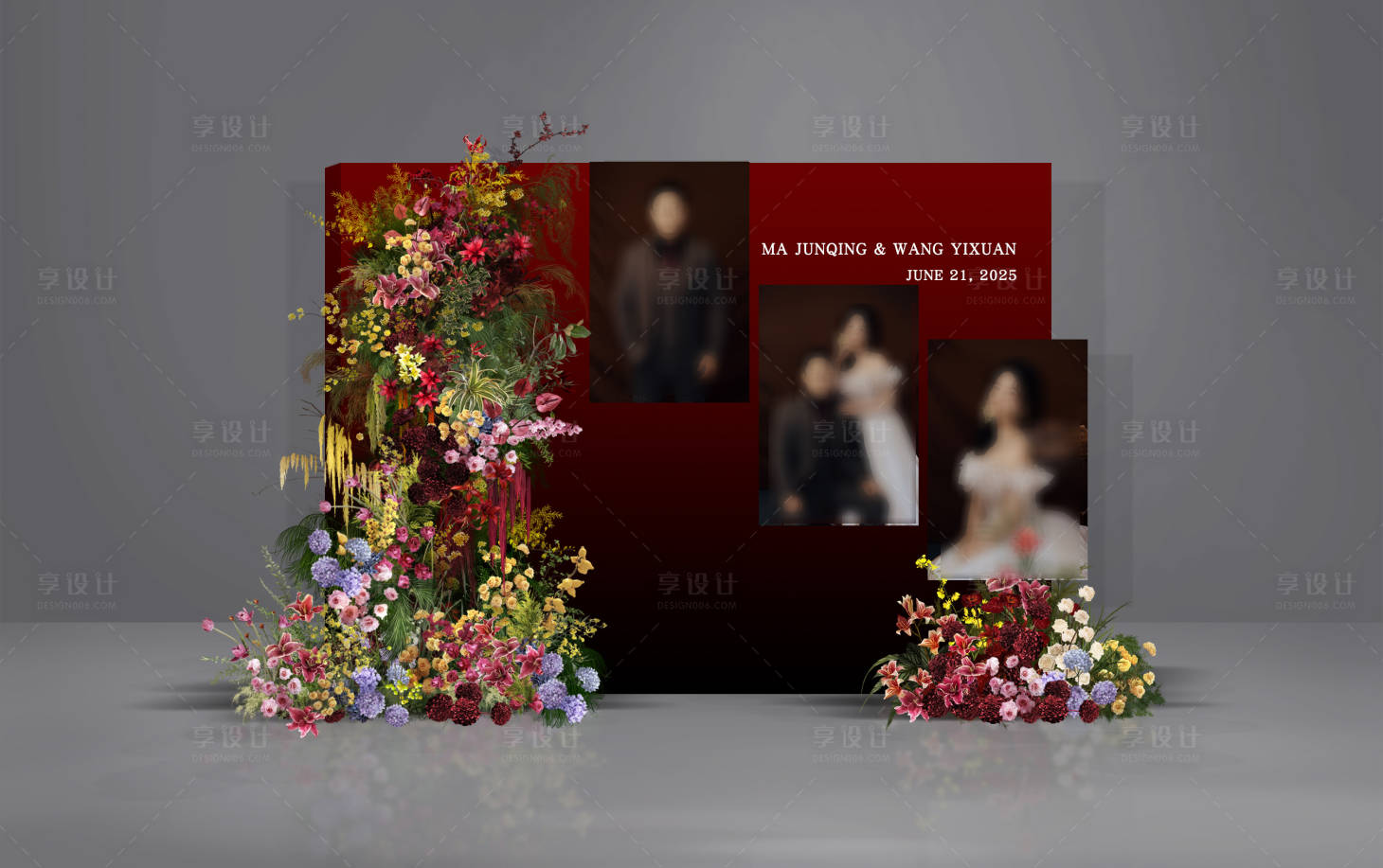 源文件下載【享設(shè)計(jì)】搜索編號(hào)：12150032050399607【紅黑漸變婚禮照片墻簽到布置堆頭美陳】