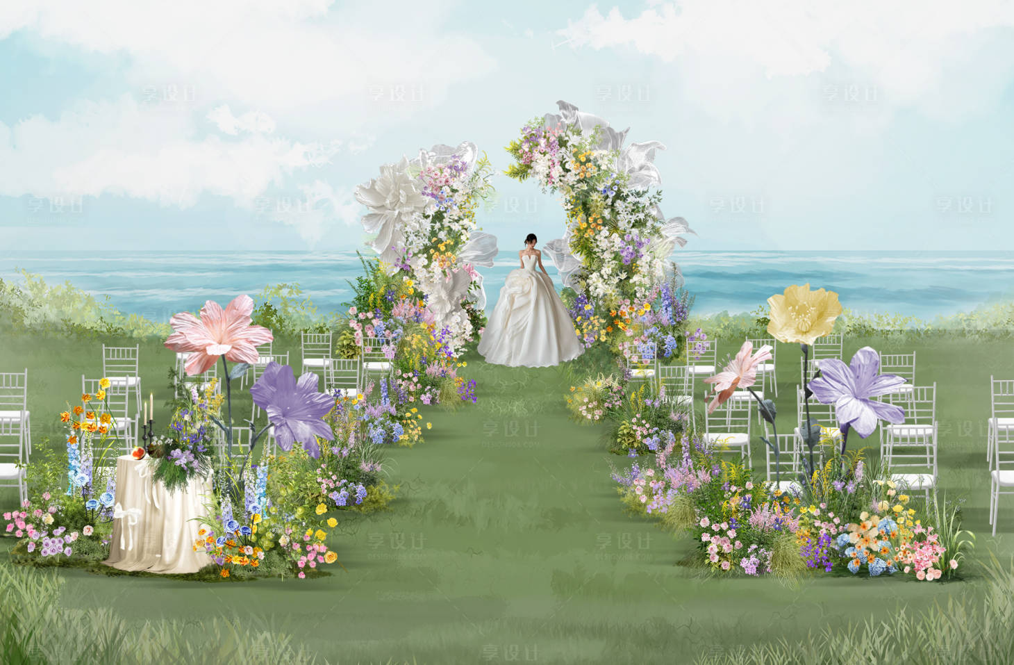 源文件下載【享設(shè)計】搜索編號：57090032150387377【花園風(fēng)戶外婚禮布置堆頭美陳】