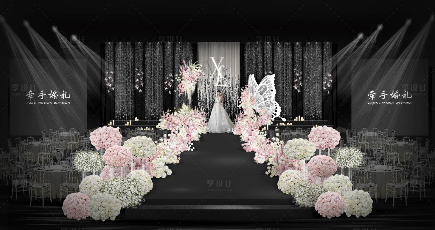 源文件下載【享設(shè)計】搜索編號：42890032150368802【花藝水晶線簾亮片婚禮舞臺布置堆頭美陳】