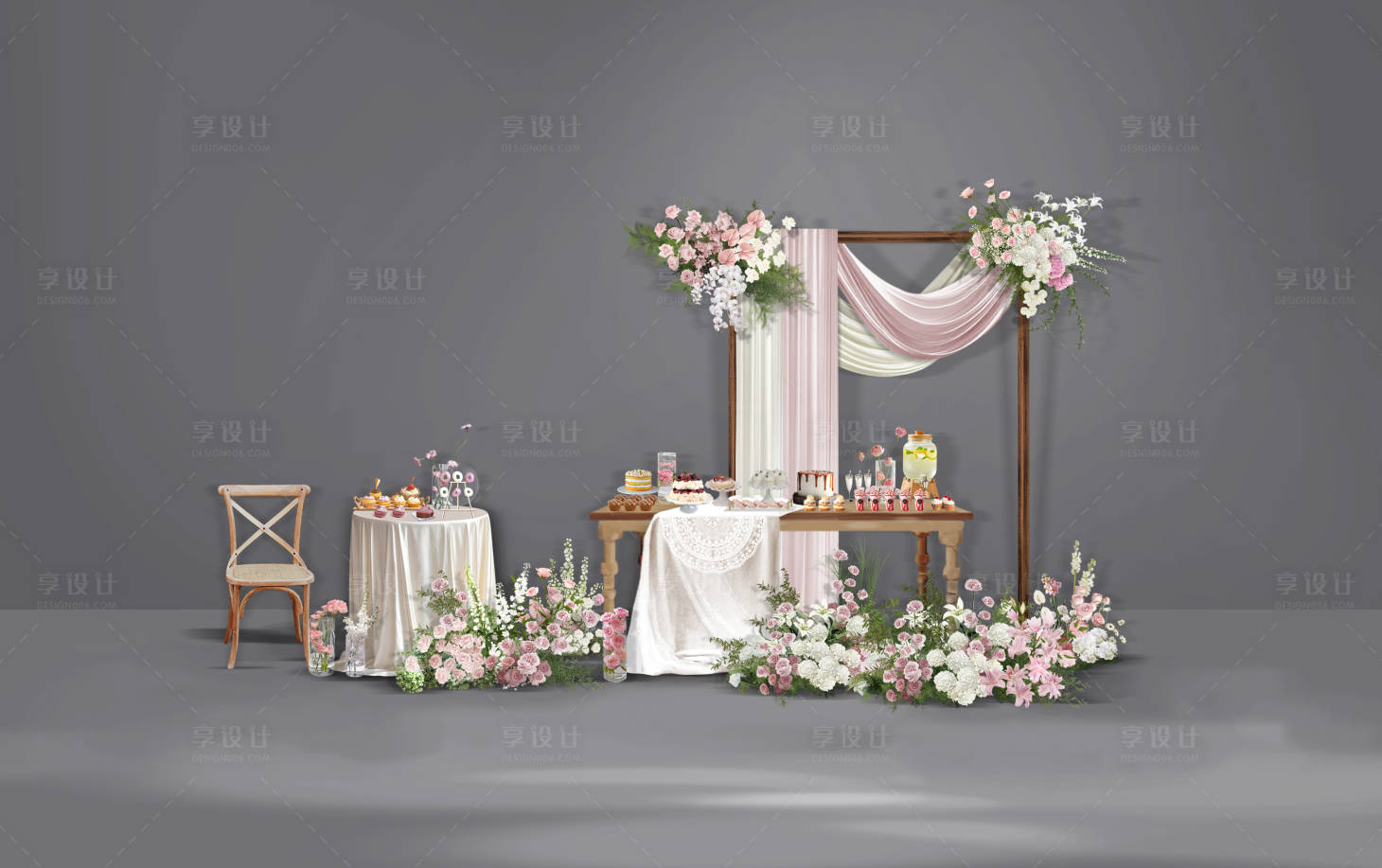 源文件下载【享设计】搜索编号：25930032050078004【花艺婚礼甜品台签到布置堆头美陈】