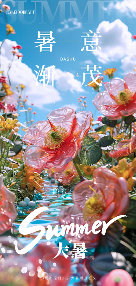 源文件下载【享设计】搜索编号：24790031848767599【夏日大暑蓝天白云花团锦簇海报】