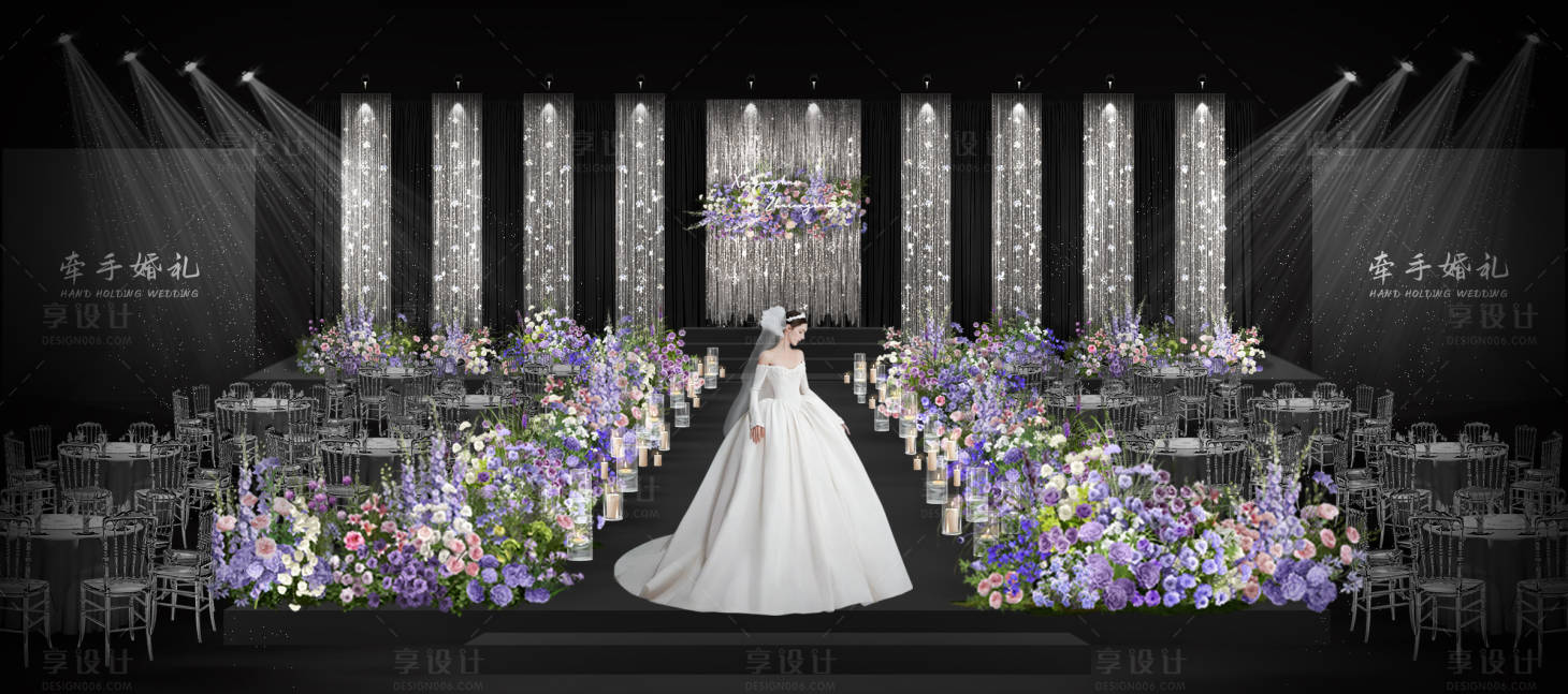 源文件下载【享设计】搜索编号：94530032158525332【银色雨丝帘紫色花艺婚礼舞台布置】