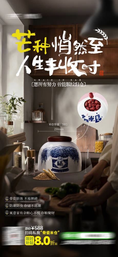 源文件下载【米仓瓷器卖点棕色芒种厨房产品海报】编号：99300031908336724