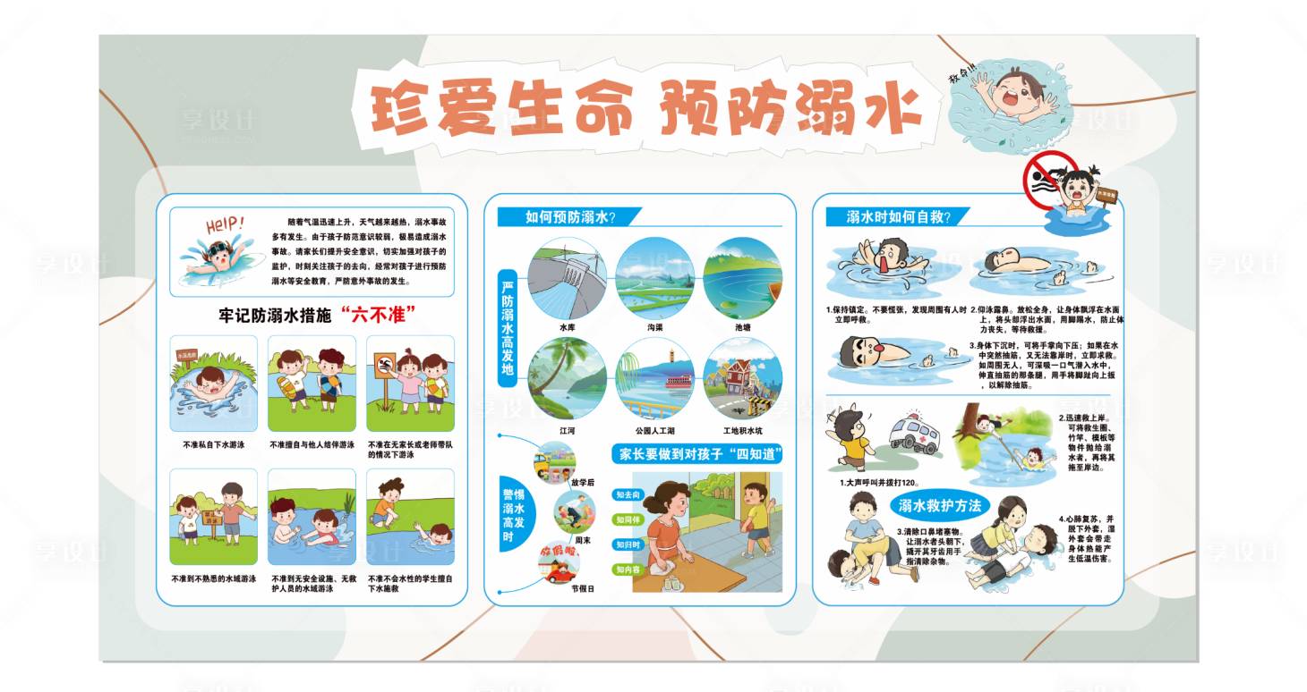 源文件下载【享设计】搜索编号：57450032163067220【幼儿园学校防溺水展板】