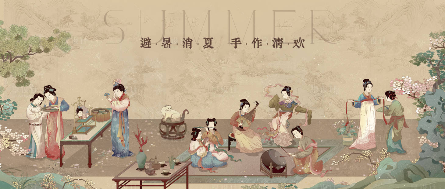 源文件下载【享设计】搜索编号：54700032491835283【古风插画文化墙背景板】