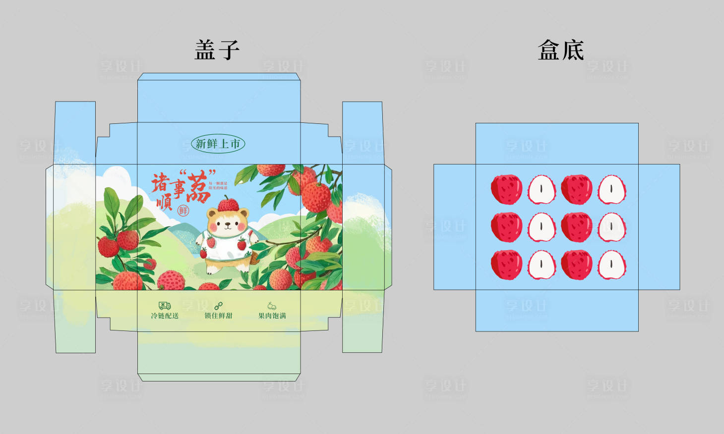 源文件下载【享设计】搜索编号：93320032600351000【可爱荔枝水果盒包装设计】