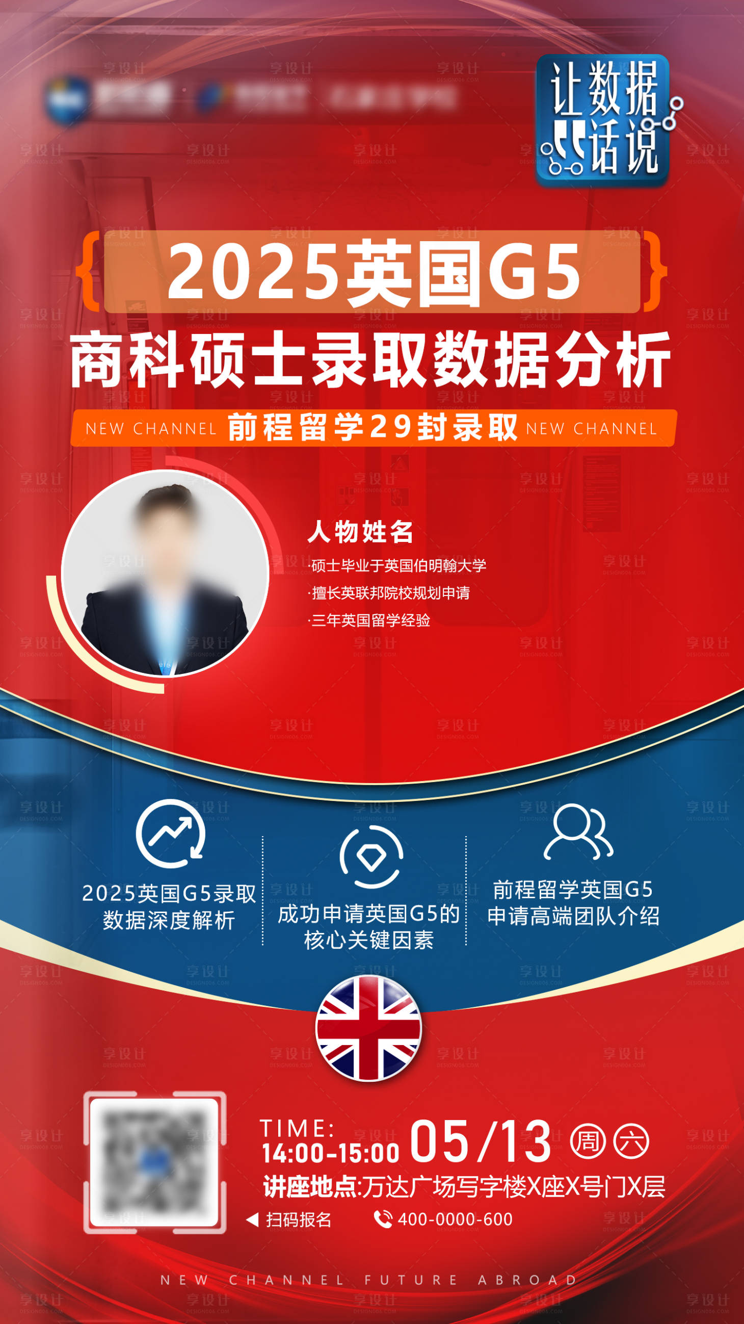 源文件下载【享设计】搜索编号：16070032385786202【红色单人留学讲座直播海报】