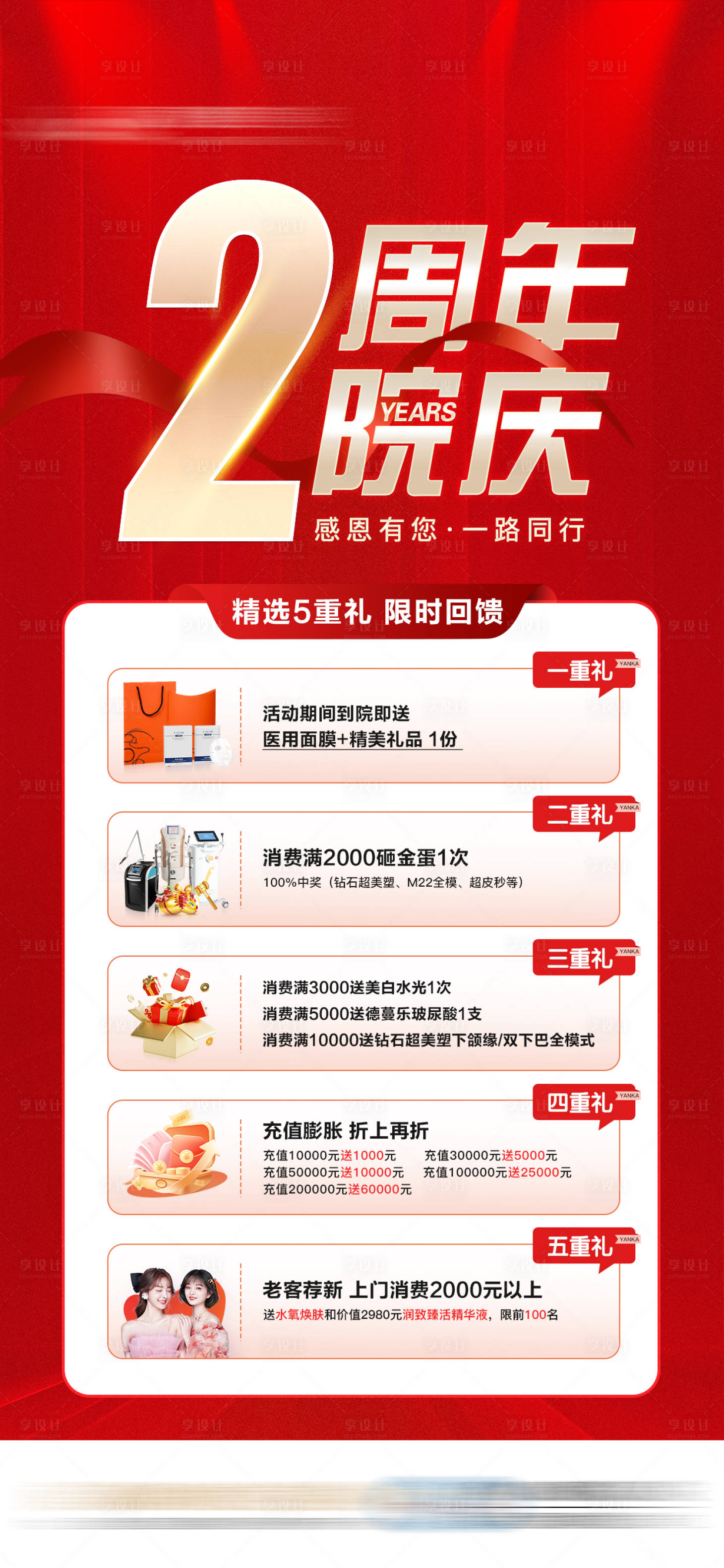 源文件下载【享设计】搜索编号：82790032568835847【两周年院庆礼遇医美五重礼海报】