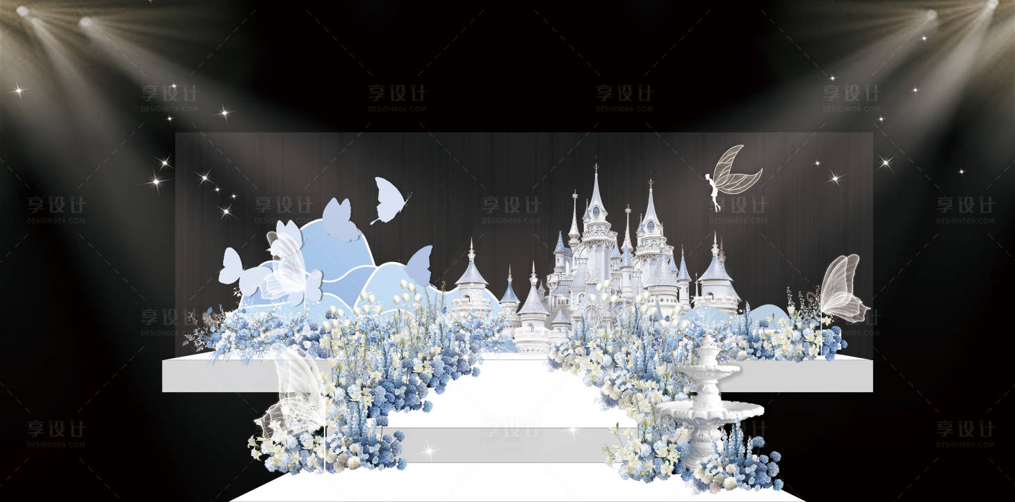 源文件下載【享設計】搜索編號：26740032621886077【藍白色城堡婚禮舞美設計】