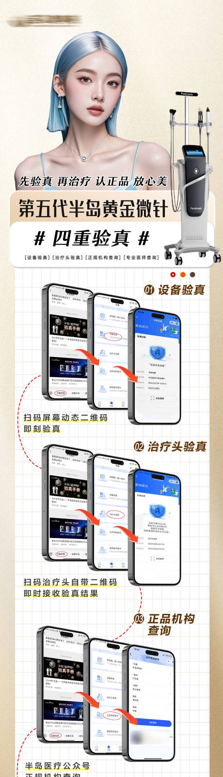 源文件下載【享設計】搜索編號：81810032943878486【黃金微針驗真流程長圖】