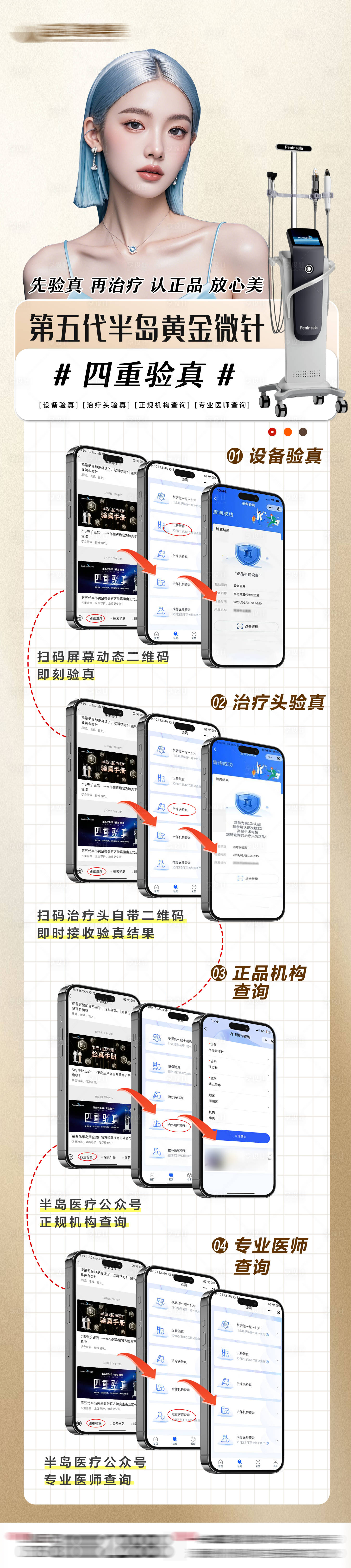 源文件下載【享設計】搜索編號：81810032943878486【黃金微針驗真流程長圖】