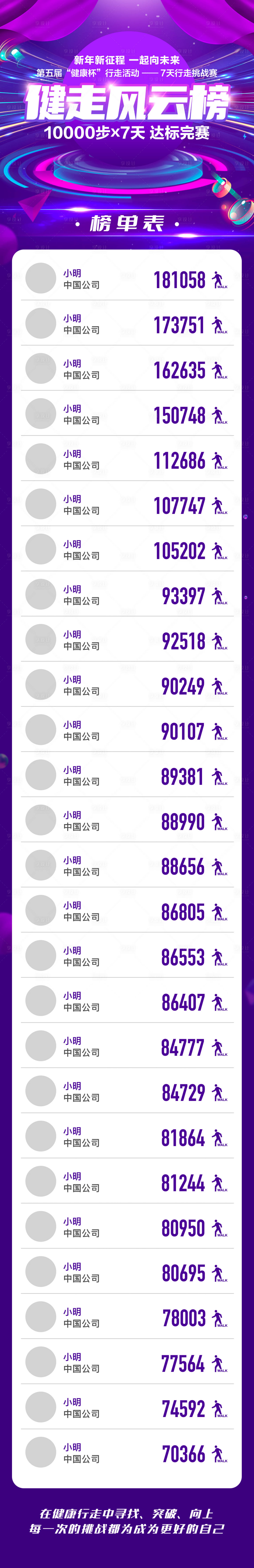 源文件下載【享設(shè)計】搜索編號：30680032892708420【企業(yè)公司團建活動行走步數(shù)排名排行長圖】