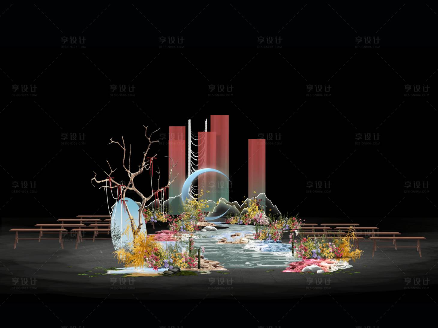 源文件下载【享设计】搜索编号：18520033046537407【新中式婚礼美陈布置花艺背景】