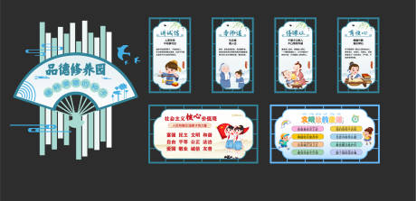 源文件下载【享设计】搜索编号：31930032868115778【蓝色小学学校儿童礼仪文化墙古风插画】